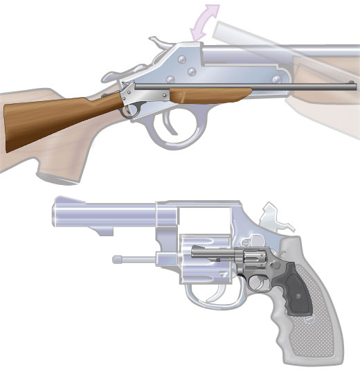 Firearm actions on a rifle and a revolver