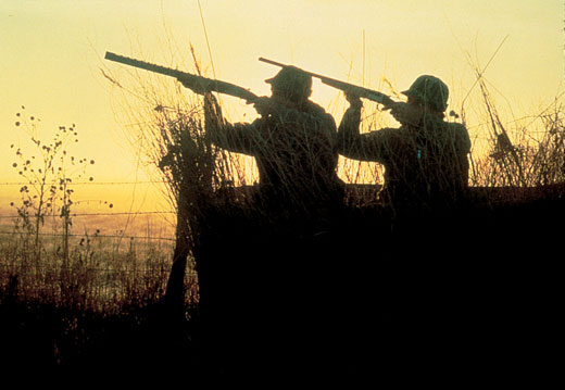 Image of two hunters pointing guns in the sunset