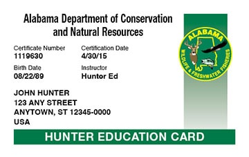 Alabama Hunting hunter safety education card