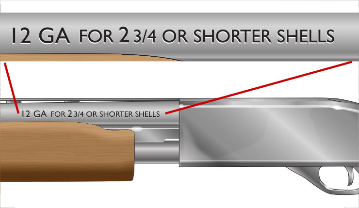 The rear of the shotgun barrel is marked with the gauge and the length of the chamber.