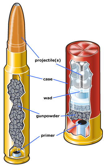 The basic components of ammunition: case, primer, gunpowder, projectile and wad