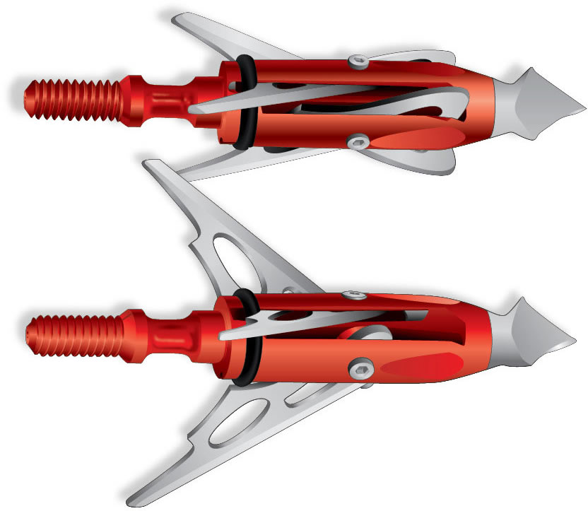 Two mechanical broadhead blades, one retracted and one expanded