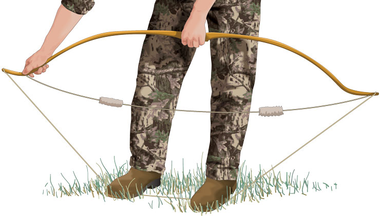 Hunter using bowstringer to string bow