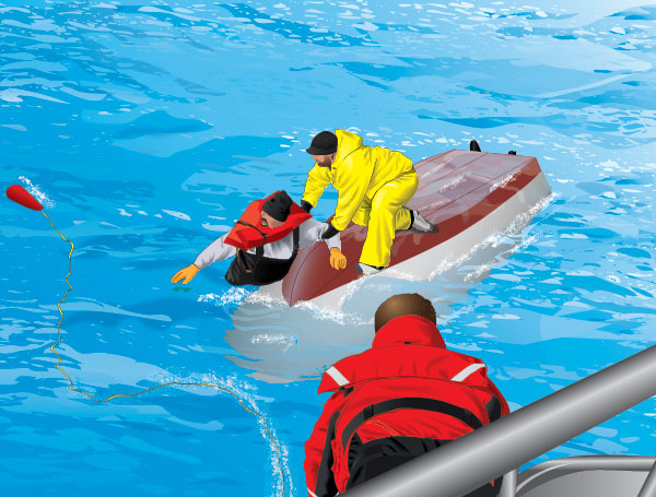 People trying to rescue a person from a capsized boat