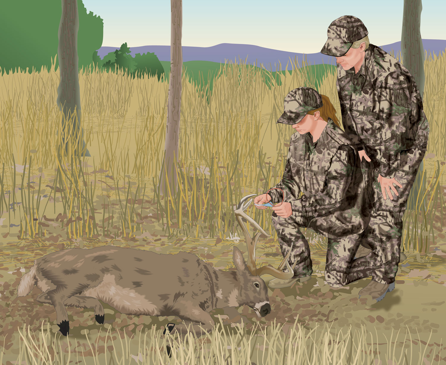 Two hunters investigating a downed deer