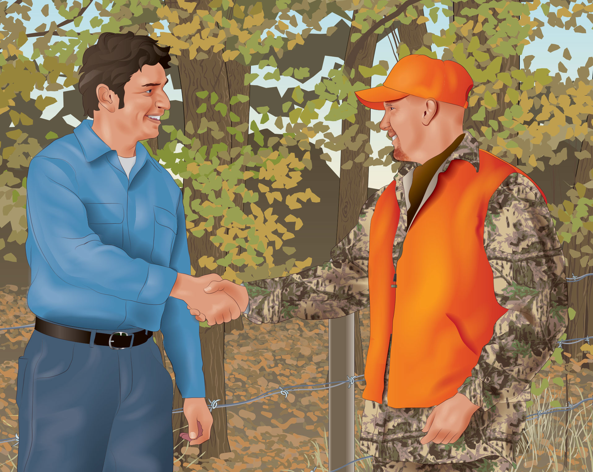 A hunter in blaze orange and a non-hunter in street clothes shaking hands