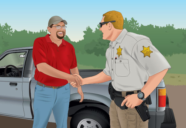 A hunter meeting with a game warden