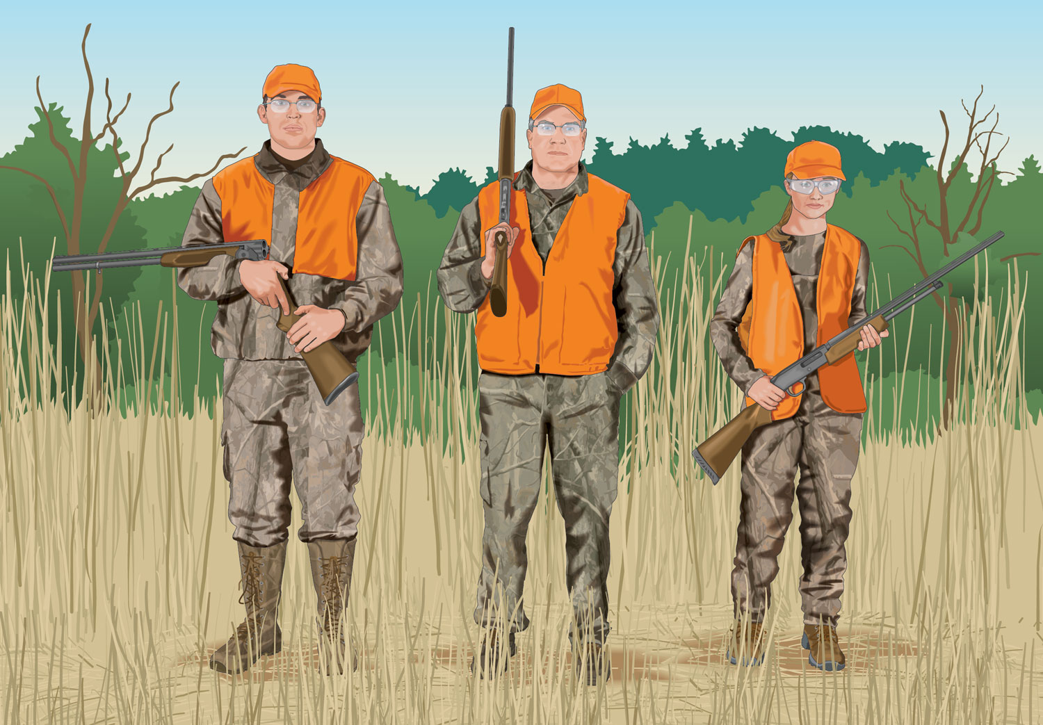 Hunters carrying firearms side-by-side