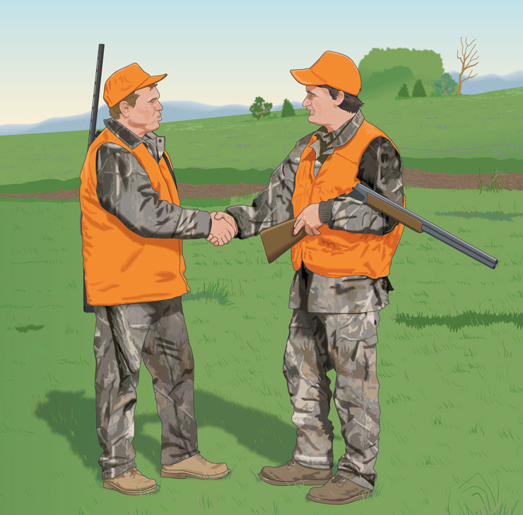 Two hunters shaking hands