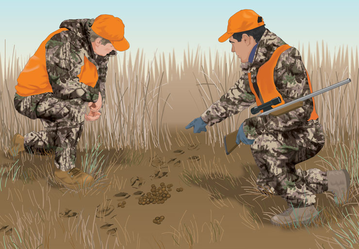 Two hunters examining tracks