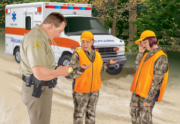 Officer speaking with hunters after a hunting incident