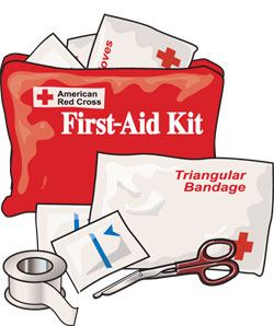 First-aid kit, triangular bandage, scissors, adhesive tape, gauze pads