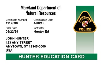 Maryland Hunting hunter safety education card