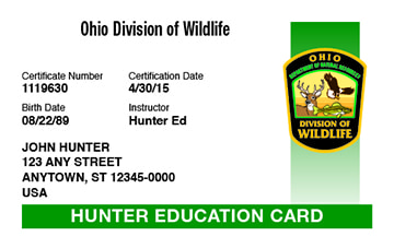 Ohio Hunting hunter safety education card