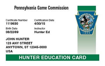 Pennsylvania Hunting hunter safety education card