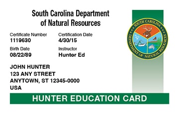 South Carolina Hunting hunter safety education card