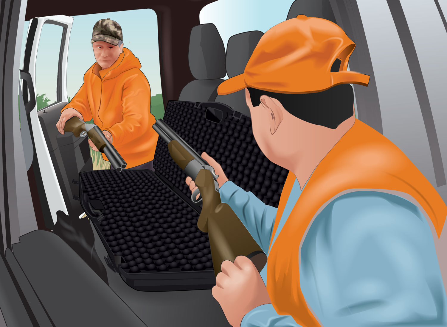 Two hunters unsafely pointing the muzzles of their firearms at each other while putting them in the vehicle