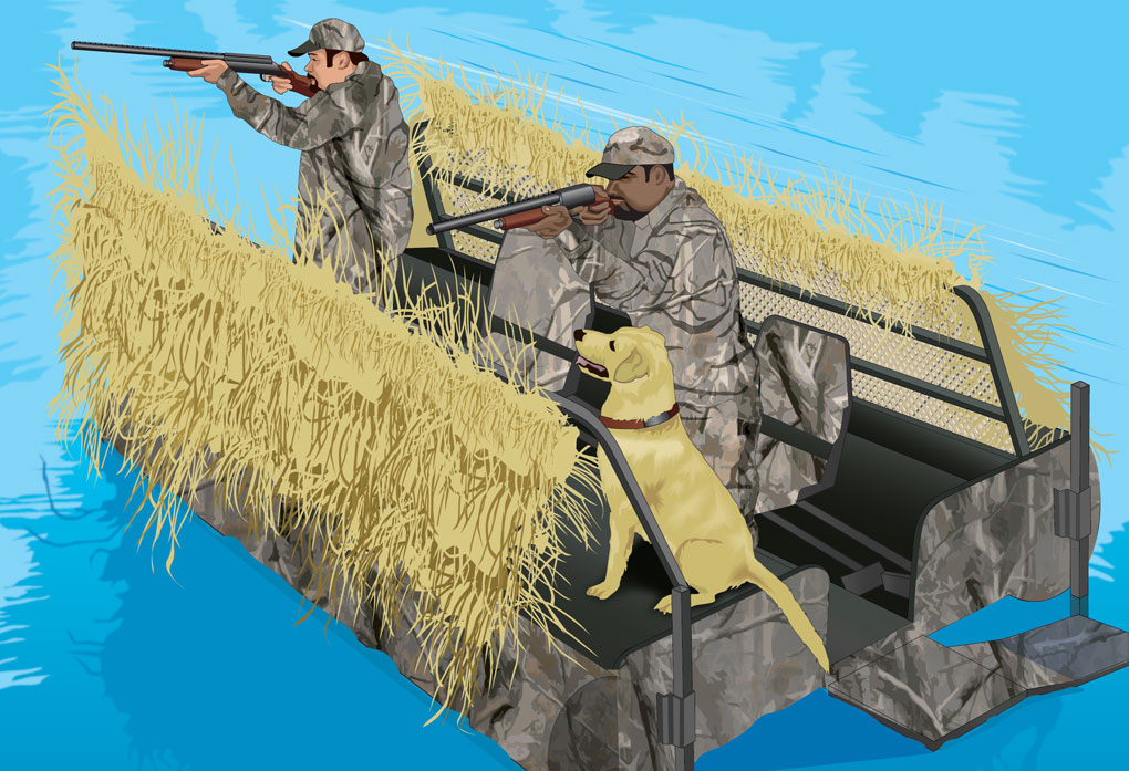 Duck hunters wearing camouflage flotation jacket with dog in boat